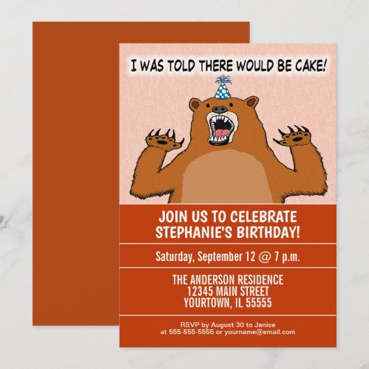ユモアなクマのケーキ誕生日パーティー 招待状 (正面/裏面)