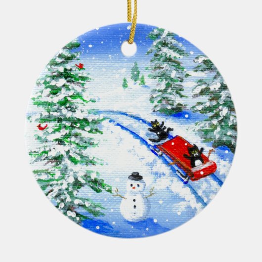 ユモアなクリスマスの黒猫アート クリエーションアーツ セラミックオーナメント (正面)