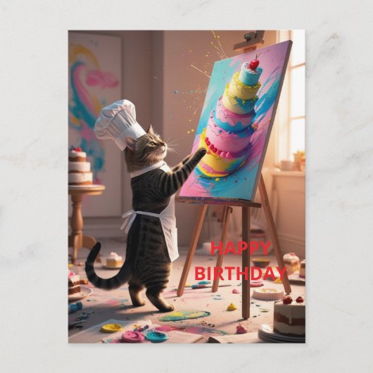 ユモアな猫のケーキ 誕生日グリーティングカード ポストカード (正面)