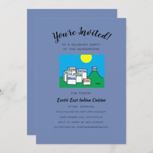 ユモア満点のランチまたはディナーグルメパーティーの漫画 招待状 (正面/裏面)