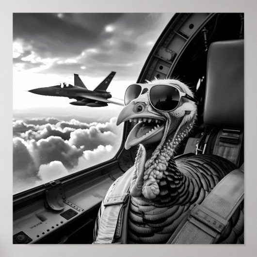 ユモア満点の七面鳥のセルフィー モノクロ ポスター (正面)