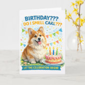 ユモア満載のコーギー誕生日カード 「ケーキのにおいがする？」 カード (黄色い花)