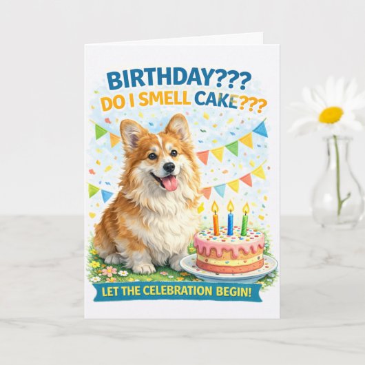 ユモア満載のコーギー誕生日カード 「ケーキのにおいがする?」 カード (小さな植物)