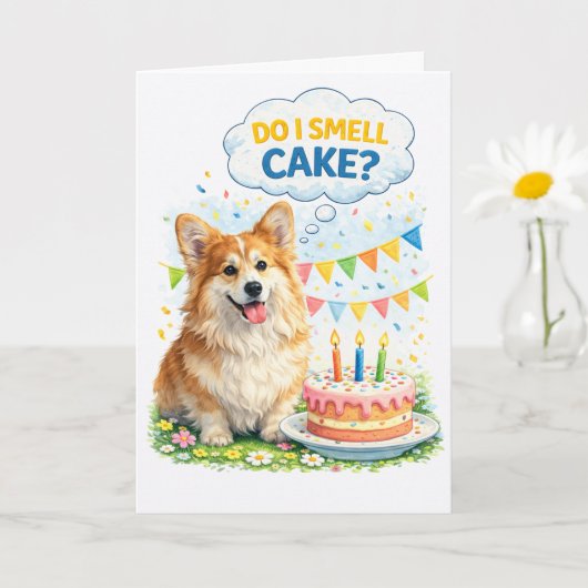 ユモア満載のコーギー誕生日カード 「ケーキのにおいがする？」 カード (小さな植物)
