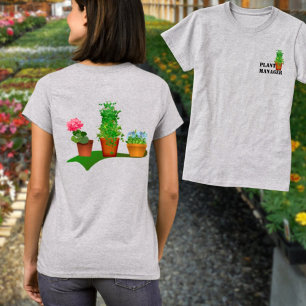 ユモア満載のフローラル プラント マネージャー フロント&バック デザイン Tシャツ