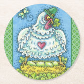 ユモア溢れるアイルランドの雌鳥 グリーンエッグとクローバーがキュート ラウンドペーパーコースター (正面)