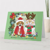 ユモア溢れるクリスマスの猫 ホリデー フォト 兄弟 姉妹 緑 カード (正面)