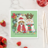 ユモア溢れるクリスマス猫のホリデー写真 兄弟 グリーン スタンダードランチョンナプキン (インサイチュ)