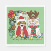 ユモア溢れるクリスマス猫のホリデー写真 兄弟 グリーン スタンダードランチョンナプキン (正面)