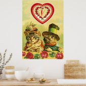 ユモア溢れるレトロスタイルのバレンタインデー猫たち ハート ローズ ポスター (キッチン)