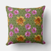 ユリとコスモスの花/オリーブグリーン模様 クッション (裏面)