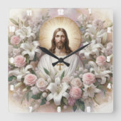 ユリに囲まれたイエスキリストバラ スクエア壁時計 (正面)