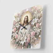 ユリに囲まれたイエスキリストバラ スクエア壁時計 (傾斜)