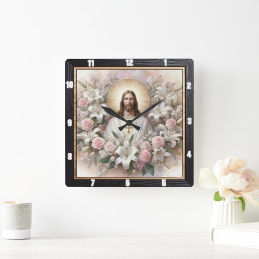 ユリに囲まれたイエスバラ スクエア壁時計 (ホーム)