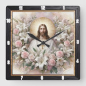 ユリに囲まれたイエスバラ スクエア壁時計 (正面)