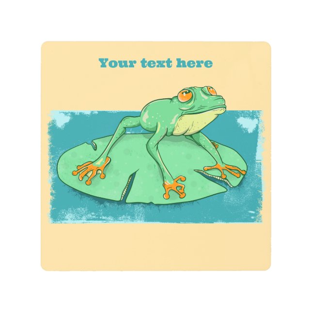 ユリの上にかわいい緑のカエル メタルプリント (正面)