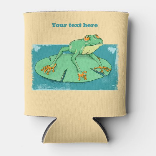 ユリの上にかわいい緑のカエル 缶クーラー (正面)
