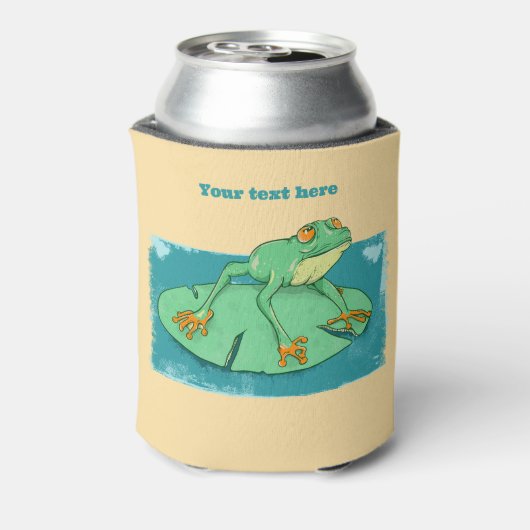 ユリの上にかわいい緑のカエル 缶クーラー (缶裏面)