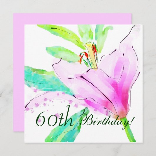 ユリの水彩画の第60誕生日のパーティの招待状 招待状 (正面/裏面)