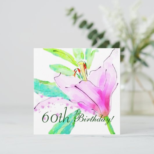 ユリの水彩画の第60誕生日のパーティの招待状 招待状 (スタンド正面)