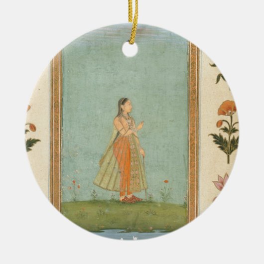 ユリの池を待機する花を握っている女性fr セラミックオーナメント (正面)