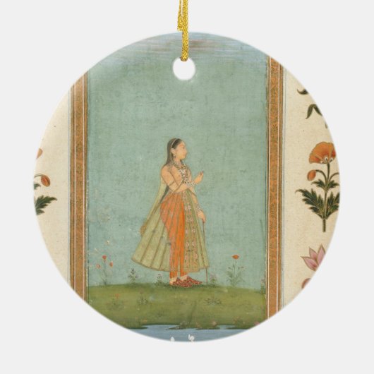 ユリの池を待機する花を握っている女性fr セラミックオーナメント (裏面)