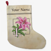 ユリの花のアルファベットのモノグラムのためのL ラージクリスマスストッキング (正面)