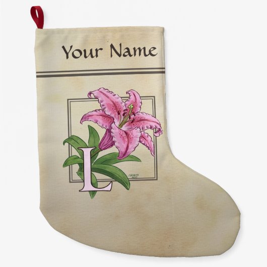ユリの花のアルファベットのモノグラムのためのL ラージクリスマスストッキング (正面)