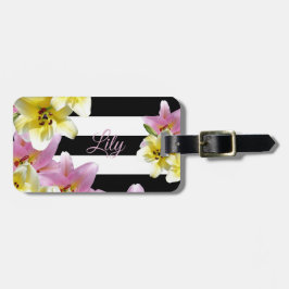 ユリの花の黒と白のパタストライプのーン ラゲッジタグ