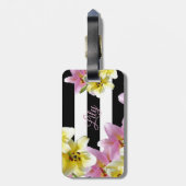 ユリの花の黒と白のパタストライプのーン ラゲッジタグ (裏面縦)