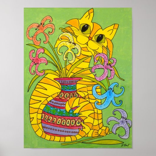 ユリの花瓶入りイエローキャット ポスター (正面)