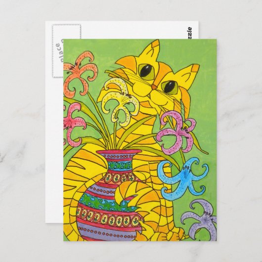 ユリの花瓶入りイエローキャット ポストカード (正面/裏面)