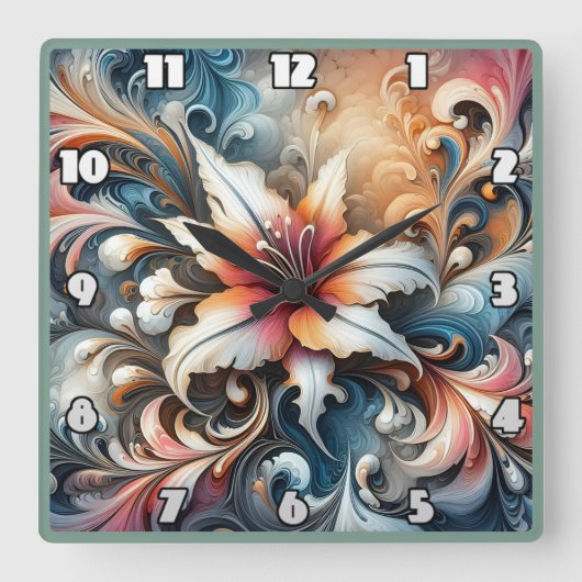 ユリカラフルと旋回するフローラデザイン スクエア壁時計 (正面)