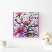 ユリカラフルの花の鮮やかフローラデザイン スクエア壁時計 (ホーム)