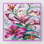 ユリカラフルの花の鮮やかフローラデザイン スクエア壁時計 (正面)