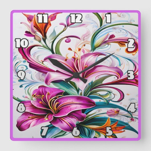 ユリカラフルの花の鮮やかフローラデザイン スクエア壁時計 (正面)