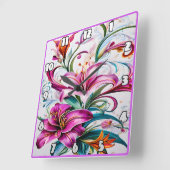 ユリカラフルの花の鮮やかフローラデザイン スクエア壁時計 (傾斜)