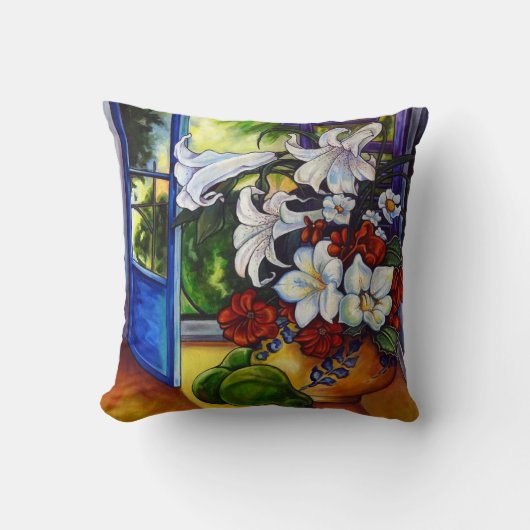 ユリ及びナシ16" X 16"綿の枕 クッション (正面)