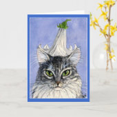 ユリ帽子のグリーティングカードを持つ猫 カード (黄色い花)