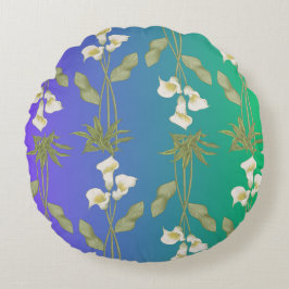 ユリ花の白い花柄 ラウンドクッション