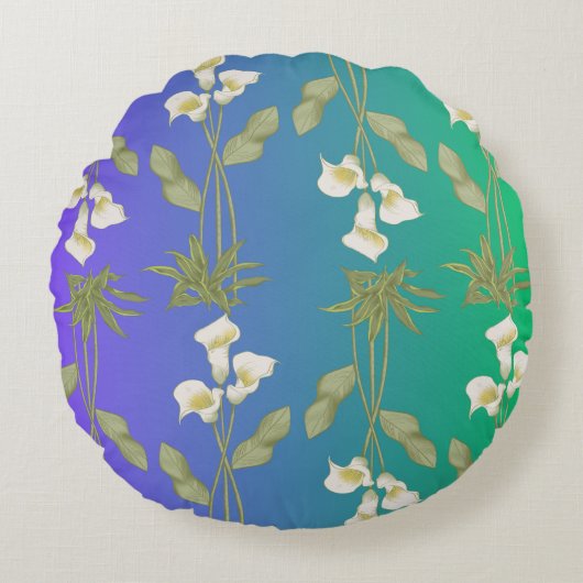 ユリ花の白い花柄 ラウンドクッション (正面)