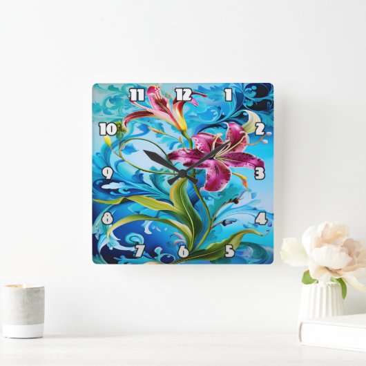 ユリ鮮やか開花と青い渦巻き旋回 スクエア壁時計 (ホーム)