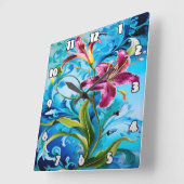 ユリ鮮やか開花と青い渦巻き旋回 スクエア壁時計 (傾斜)