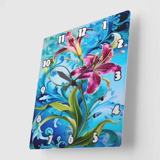 ユリ鮮やか開花と青い渦巻き旋回 スクエア壁時計 (傾斜)