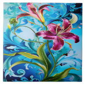 ユリ鮮やか開花と青い渦巻き旋回 タイル (正面)