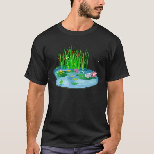 ユリDの上にカエルとスイリの池 Tシャツ (正面)
