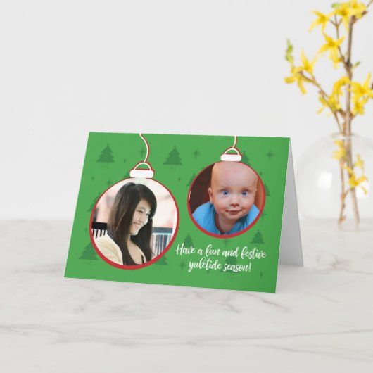 ユレタイドホリデーシーズングリーンとフォトオーナメント カード (黄色い花)