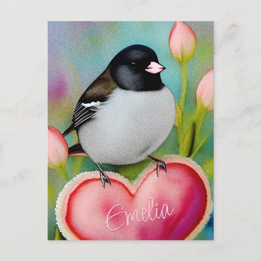 ユンコバレンタインハートかわいいチューリップガーデンバード+名前 ポストカード (正面)