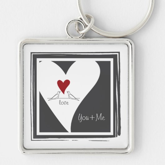 ユーアンドミー – シンプルラモダンブバード赤いハート キーホルダー (正面)