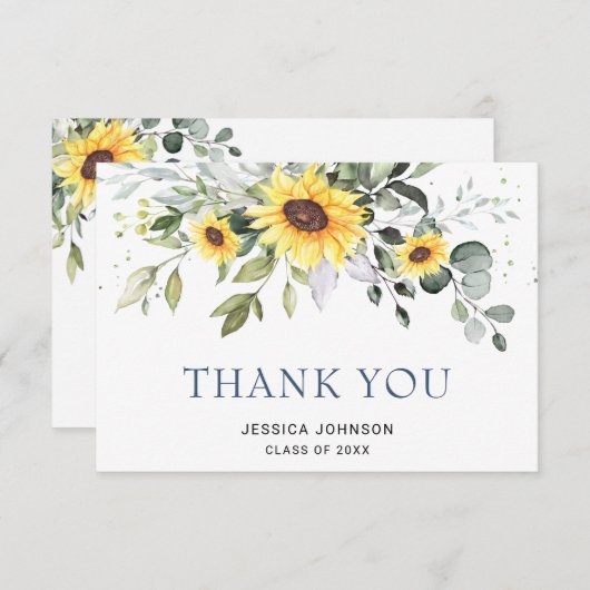 ユーエレガントカリのひまわり花の葉の卒業  サンキューカード (正面/裏面)